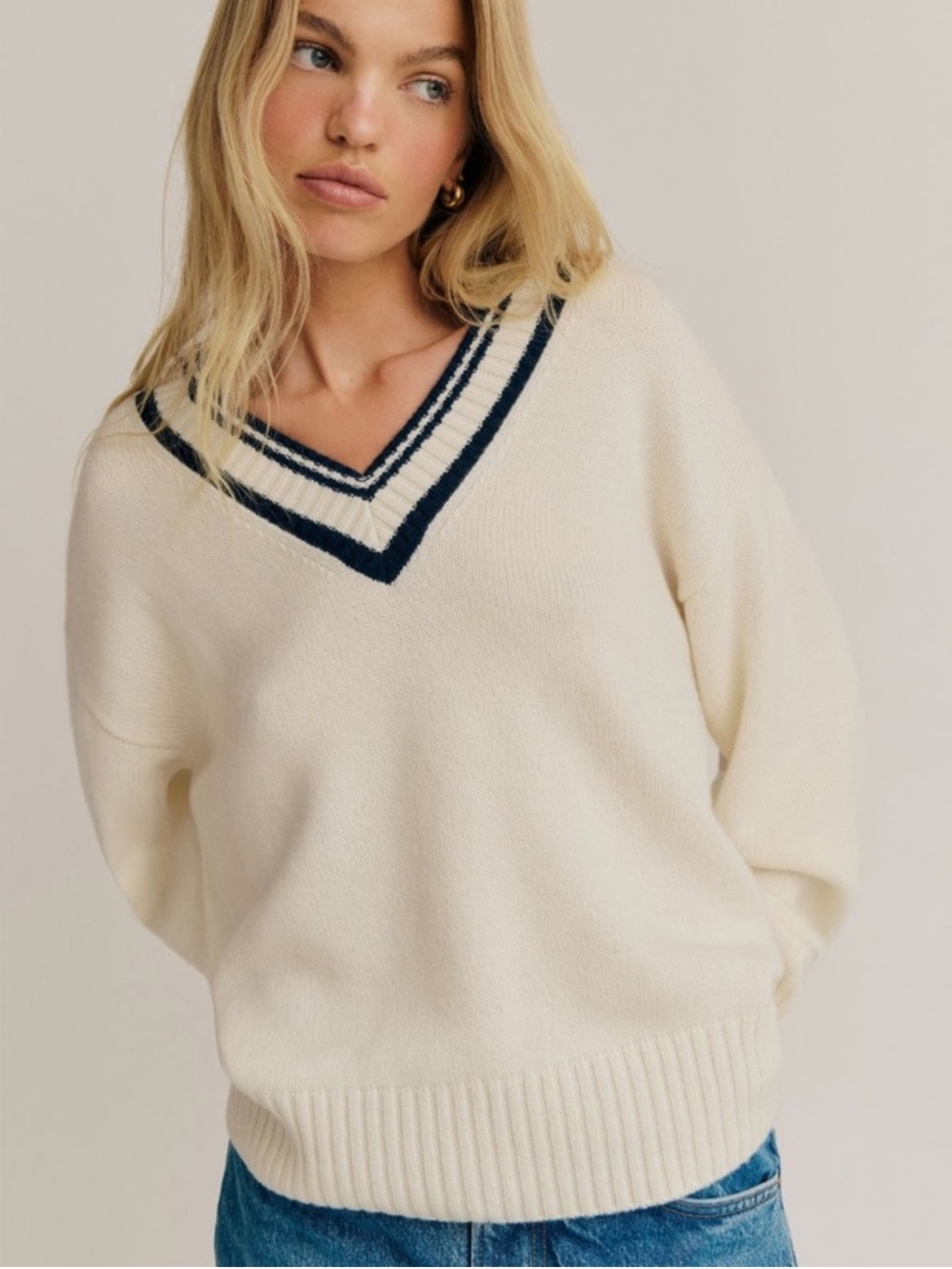 Reformation Jadey Cashmere Oversized V-Neck Sweater Cream Stripe